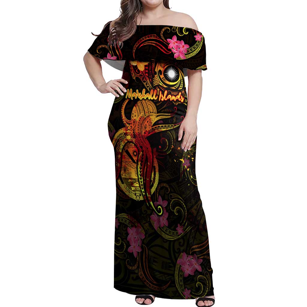 Marshall Islands Off Shoulder Maxi Dress Octopus Plumeria Polynesian Tattoo