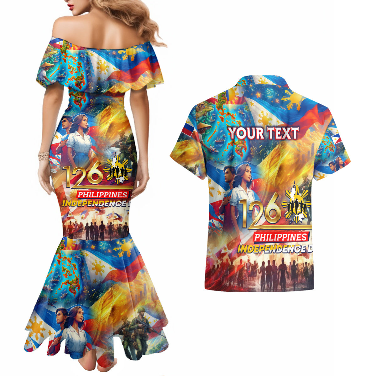 Custom The Philippines 126th Independence Anniversary Couples Matching Mermaid Dress and Hawaiian Shirt Art Style