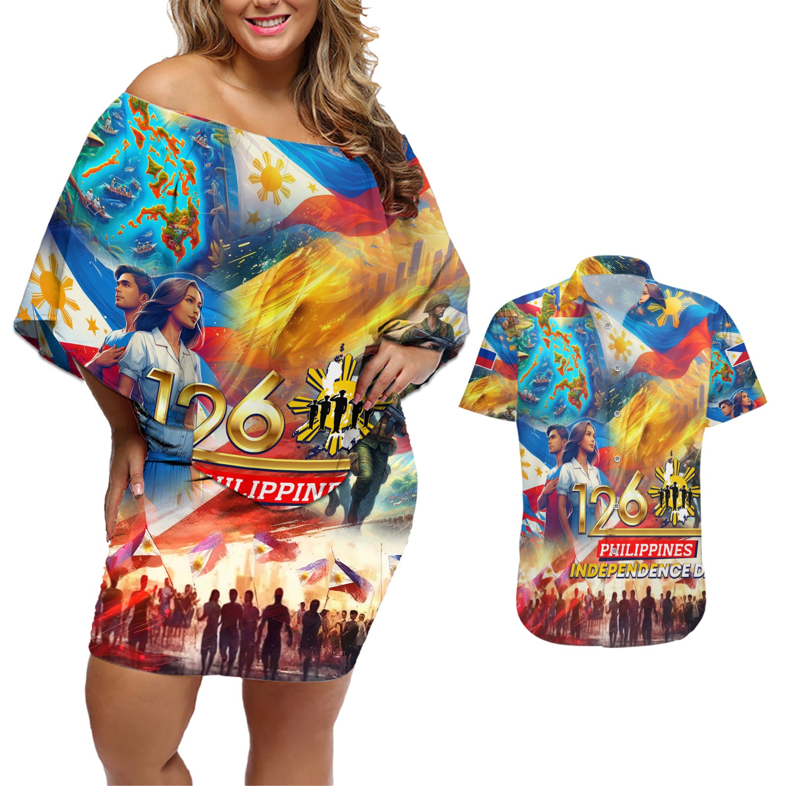 Custom The Philippines 126th Independence Anniversary Couples Matching Off Shoulder Short Dress and Hawaiian Shirt Art Style