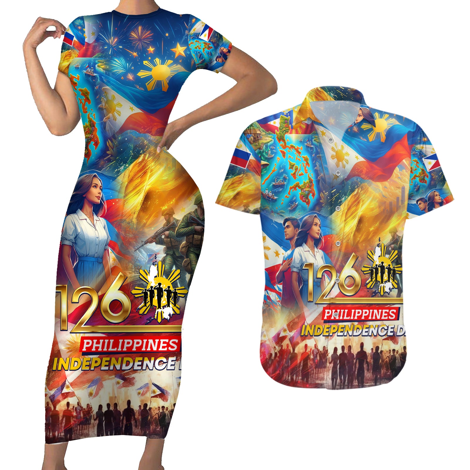 Custom The Philippines 126th Independence Anniversary Couples Matching Short Sleeve Bodycon Dress and Hawaiian Shirt Art Style