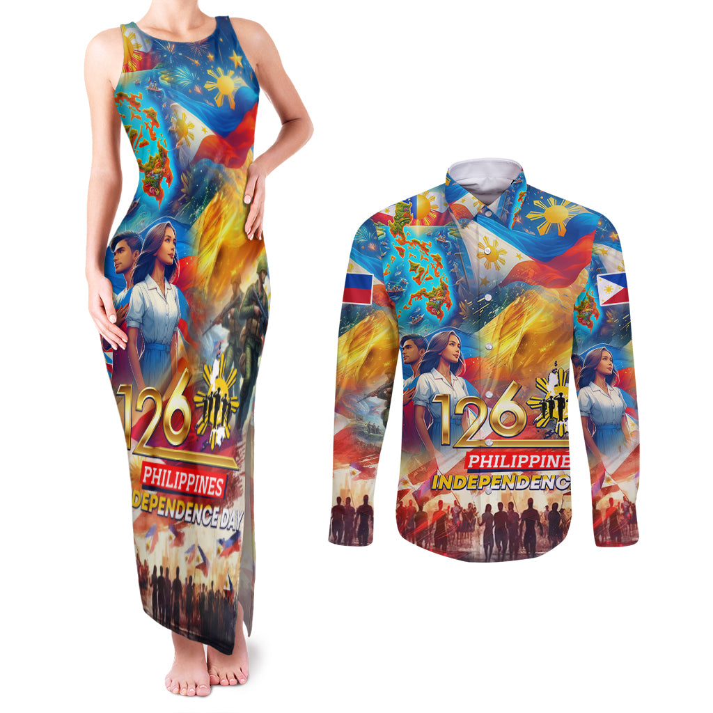 Custom The Philippines 126th Independence Anniversary Couples Matching Tank Maxi Dress and Long Sleeve Button Shirt Art Style