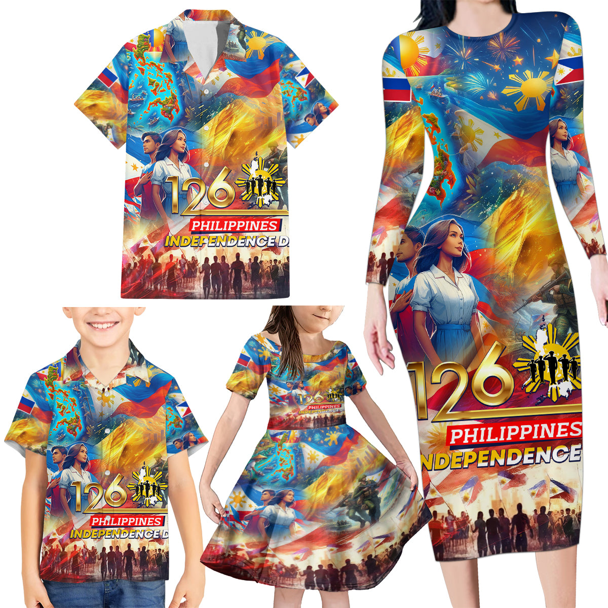 Custom The Philippines 126th Independence Anniversary Family Matching Long Sleeve Bodycon Dress and Hawaiian Shirt Art Style