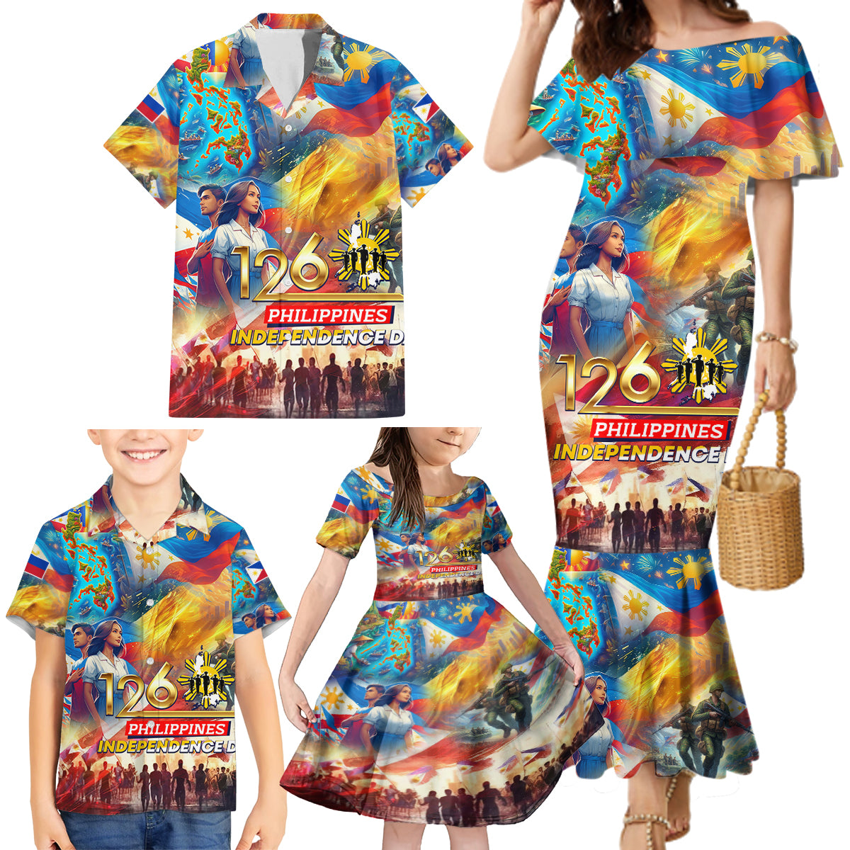 Custom The Philippines 126th Independence Anniversary Family Matching Mermaid Dress and Hawaiian Shirt Art Style