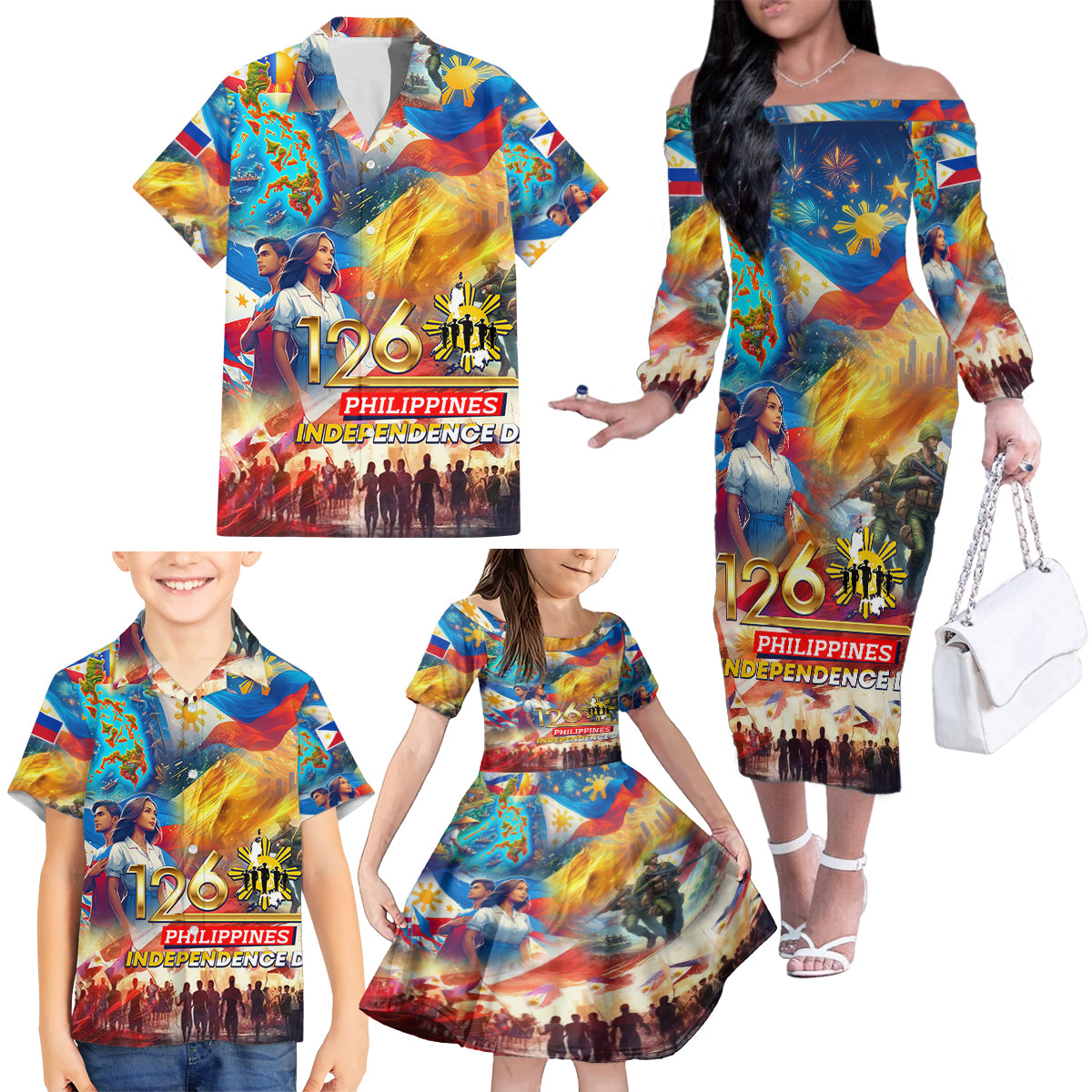 Custom The Philippines 126th Independence Anniversary Family Matching Off The Shoulder Long Sleeve Dress and Hawaiian Shirt Art Style