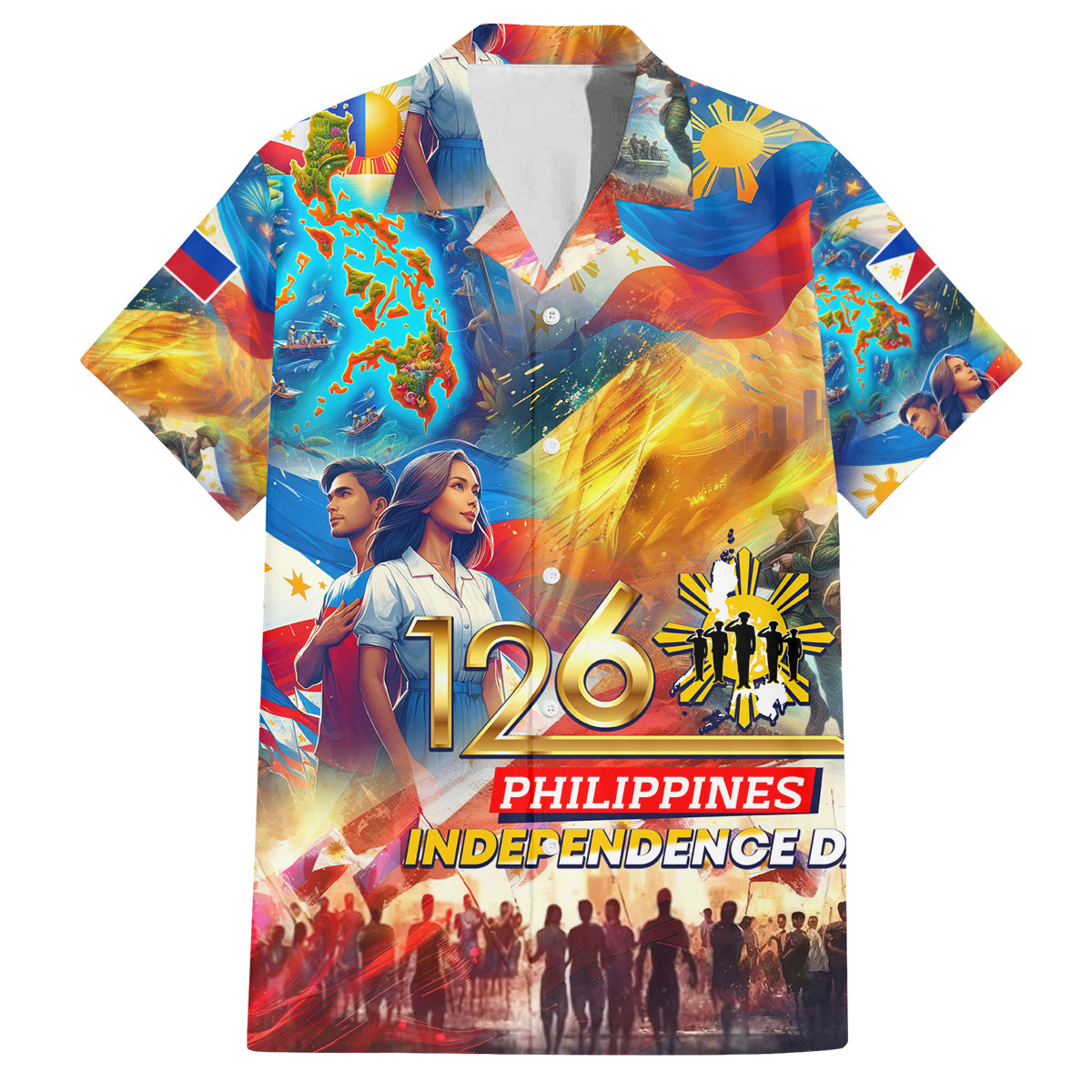 Custom The Philippines 126th Independence Anniversary Family Matching Off The Shoulder Long Sleeve Dress and Hawaiian Shirt Art Style