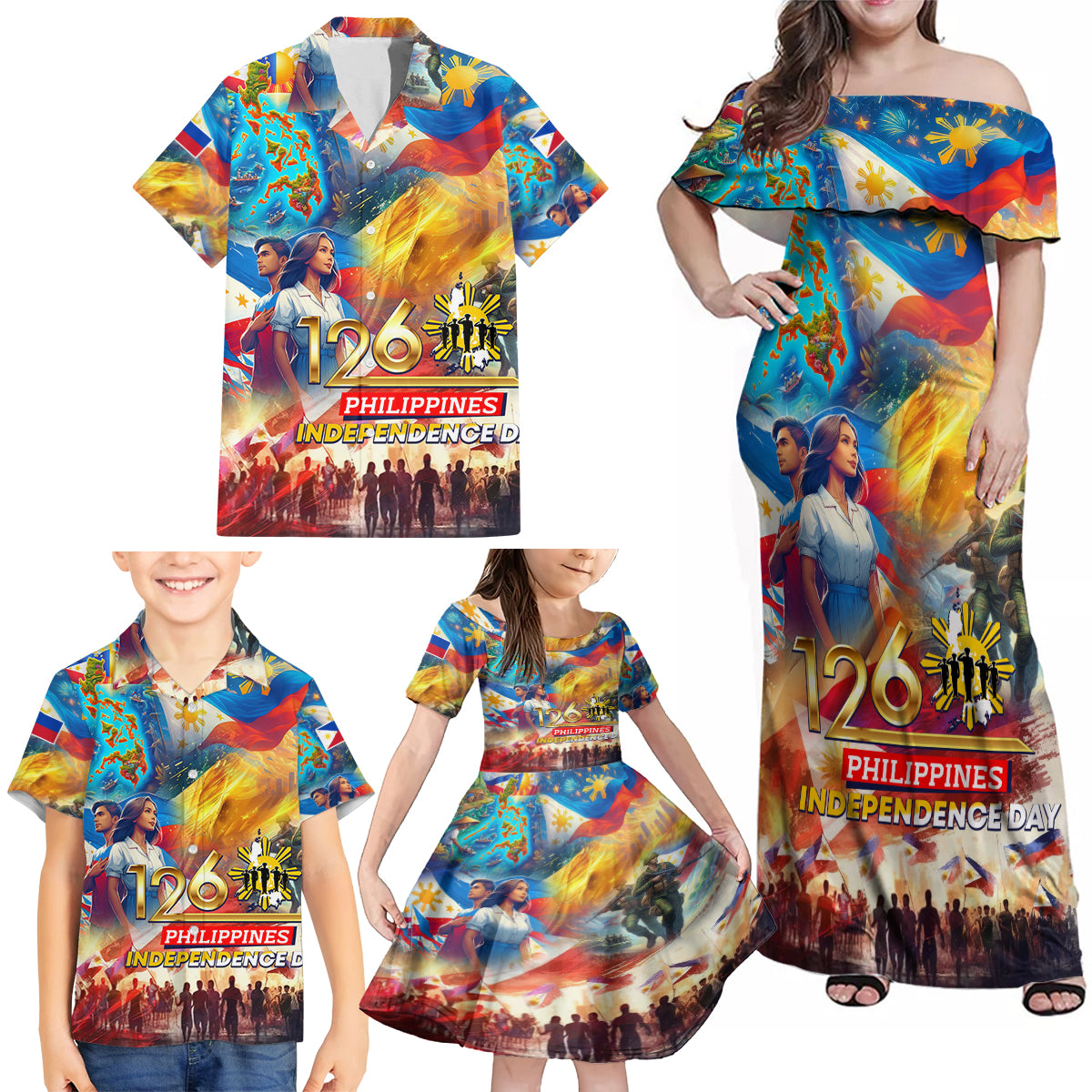 Custom The Philippines 126th Independence Anniversary Family Matching Off Shoulder Maxi Dress and Hawaiian Shirt Art Style