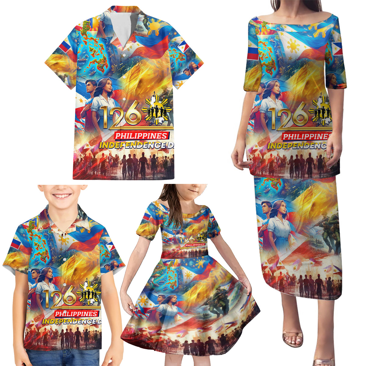 Custom The Philippines 126th Independence Anniversary Family Matching Puletasi and Hawaiian Shirt Art Style