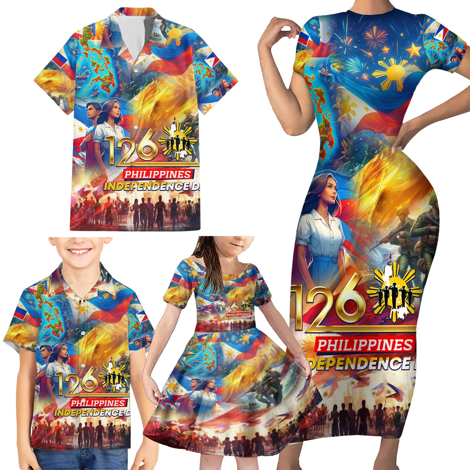 Custom The Philippines 126th Independence Anniversary Family Matching Short Sleeve Bodycon Dress and Hawaiian Shirt Art Style