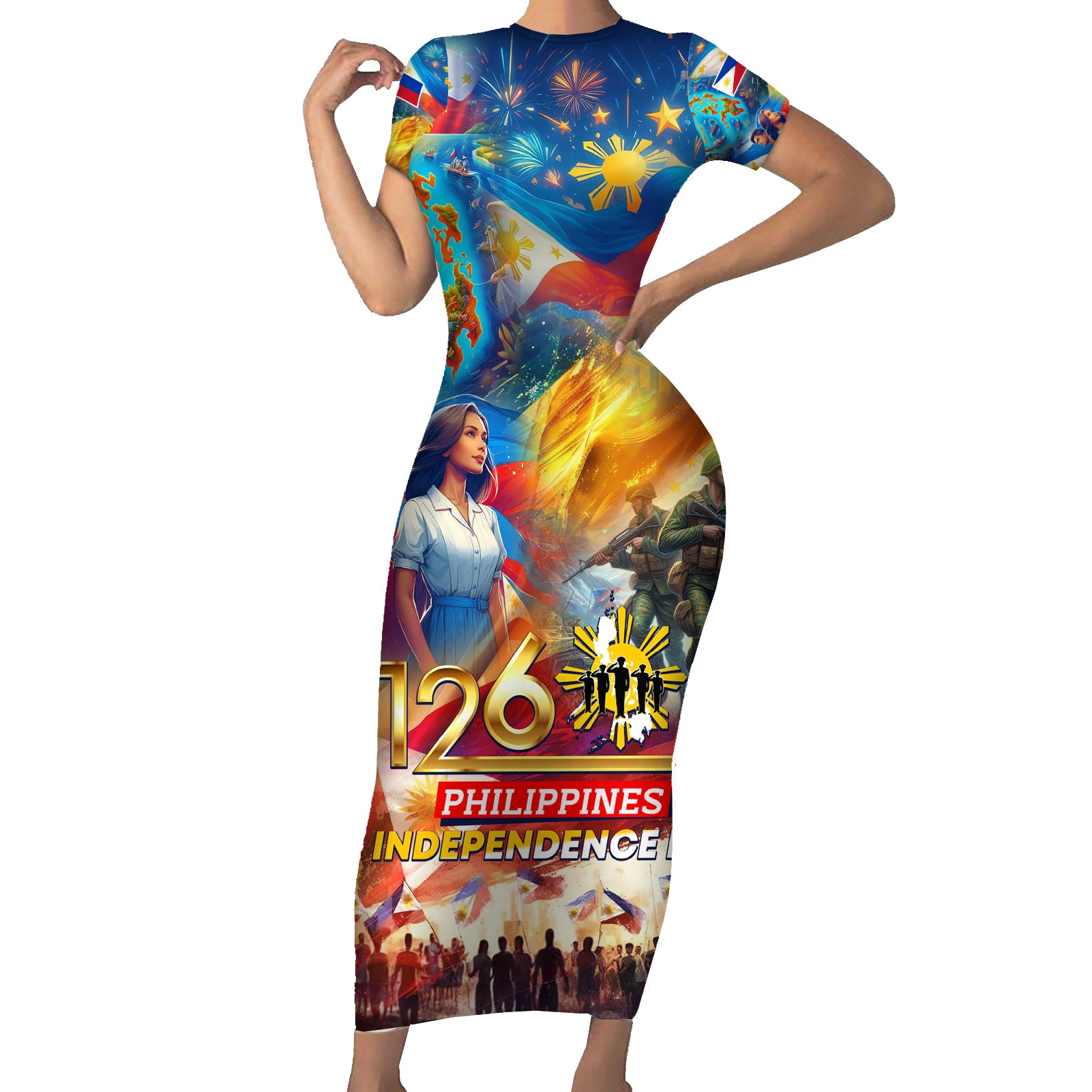 Custom The Philippines 126th Independence Anniversary Short Sleeve Bodycon Dress Art Style