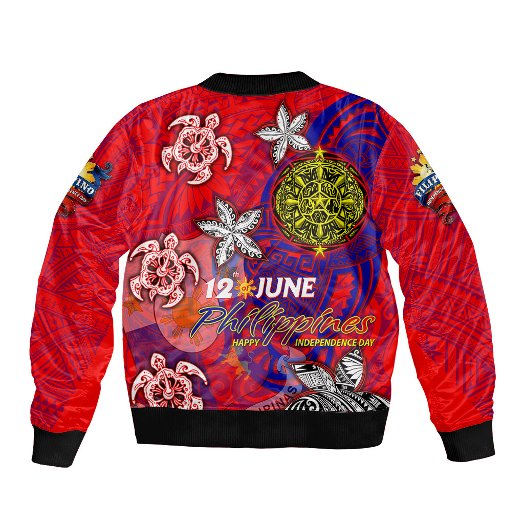 Personalized Philippines 12 June Independence Day Bomber Jacket Polynesian Turtle Plumeria