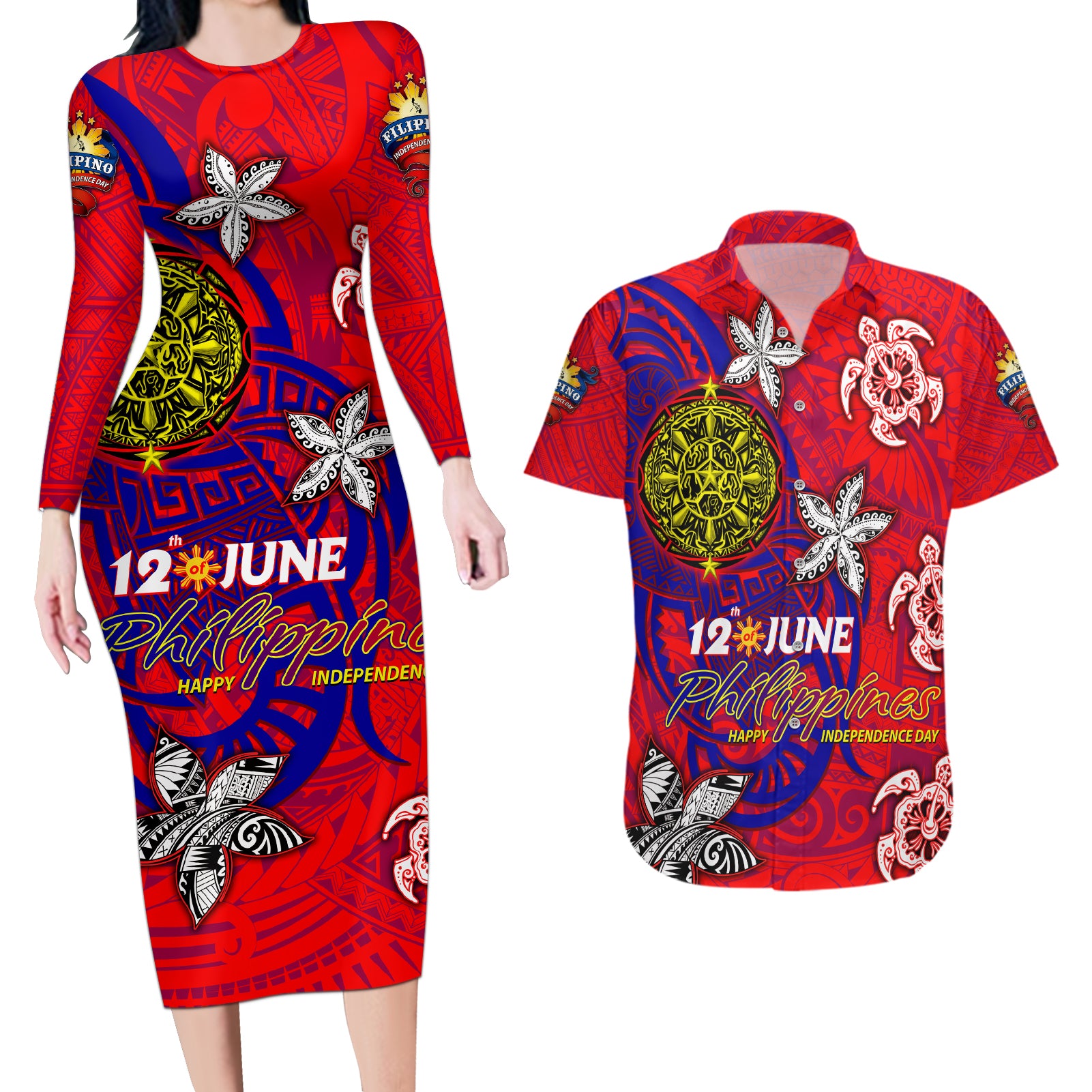 Personalized Philippines 12 June Independence Day Couples Matching Long Sleeve Bodycon Dress and Hawaiian Shirt Polynesian Turtle Plumeria