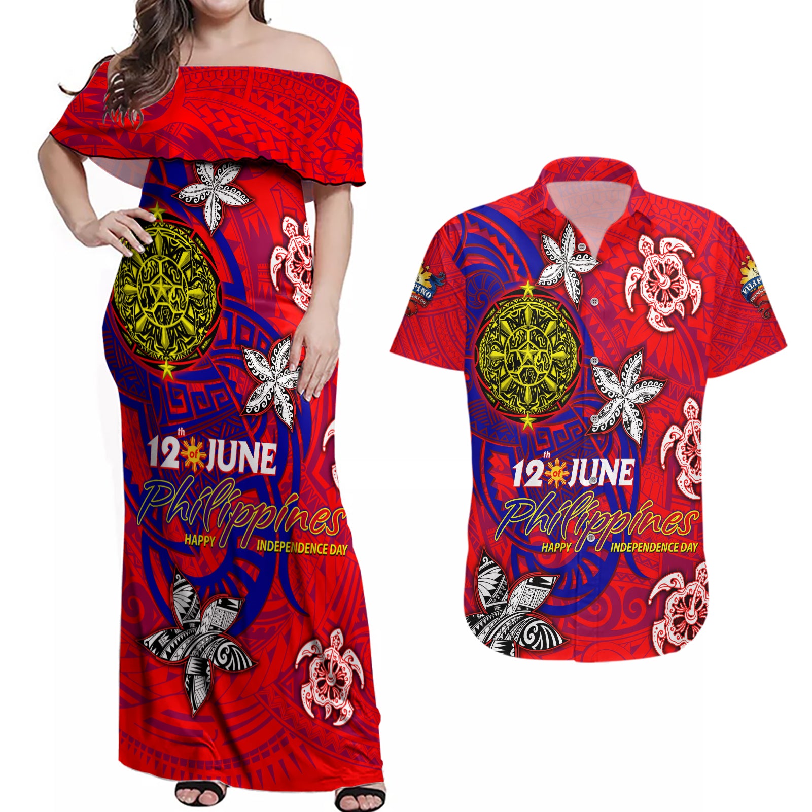 Personalized Philippines 12 June Independence Day Couples Matching Off Shoulder Maxi Dress and Hawaiian Shirt Polynesian Turtle Plumeria