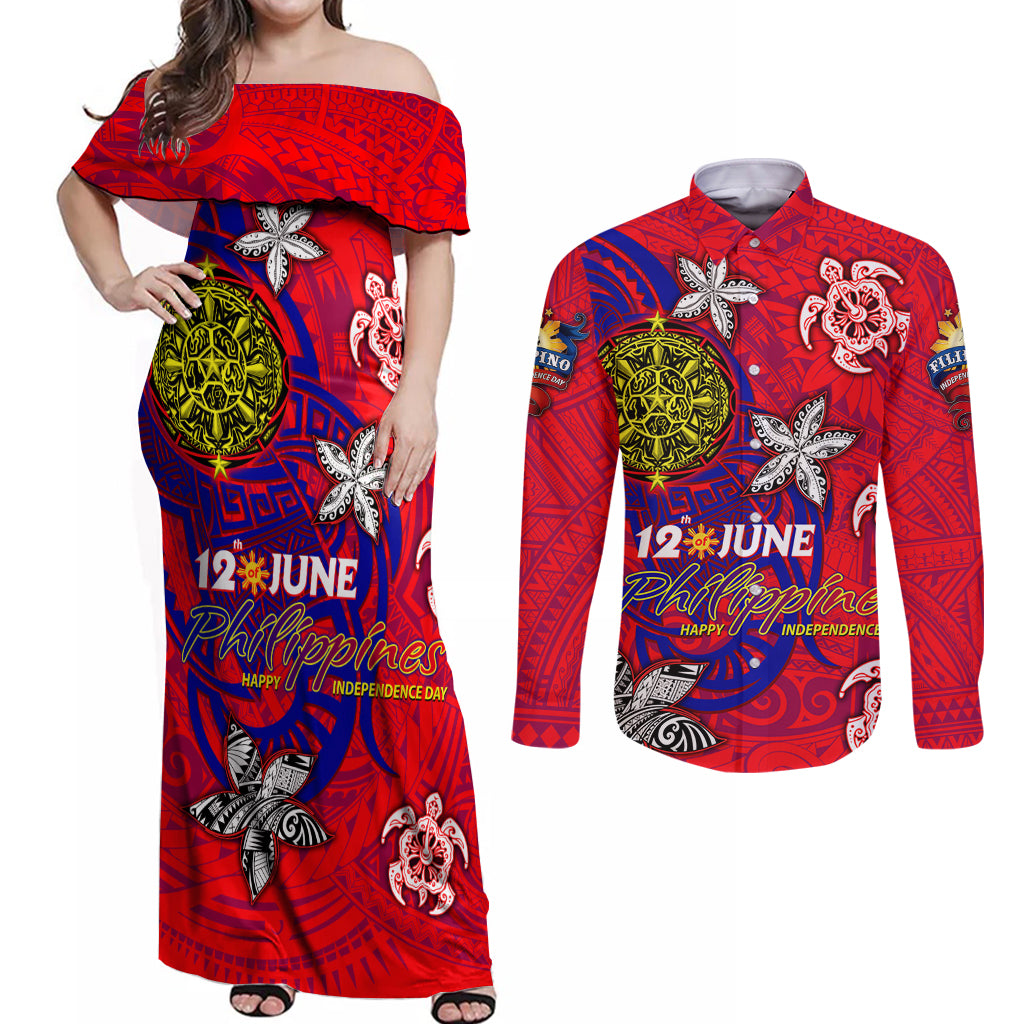 Personalized Philippines 12 June Independence Day Couples Matching Off Shoulder Maxi Dress and Long Sleeve Button Shirt Polynesian Turtle Plumeria