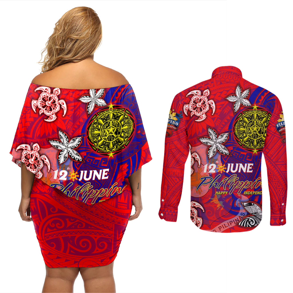 Personalized Philippines 12 June Independence Day Couples Matching Off Shoulder Short Dress and Long Sleeve Button Shirt Polynesian Turtle Plumeria