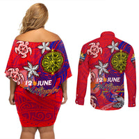 Personalized Philippines 12 June Independence Day Couples Matching Off Shoulder Short Dress and Long Sleeve Button Shirt Polynesian Turtle Plumeria