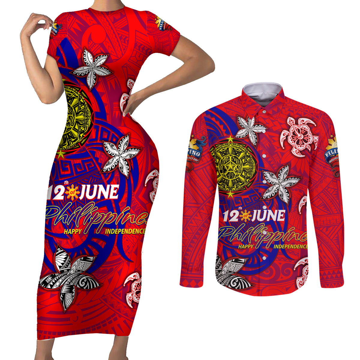 Personalized Philippines 12 June Independence Day Couples Matching Short Sleeve Bodycon Dress and Long Sleeve Button Shirt Polynesian Turtle Plumeria