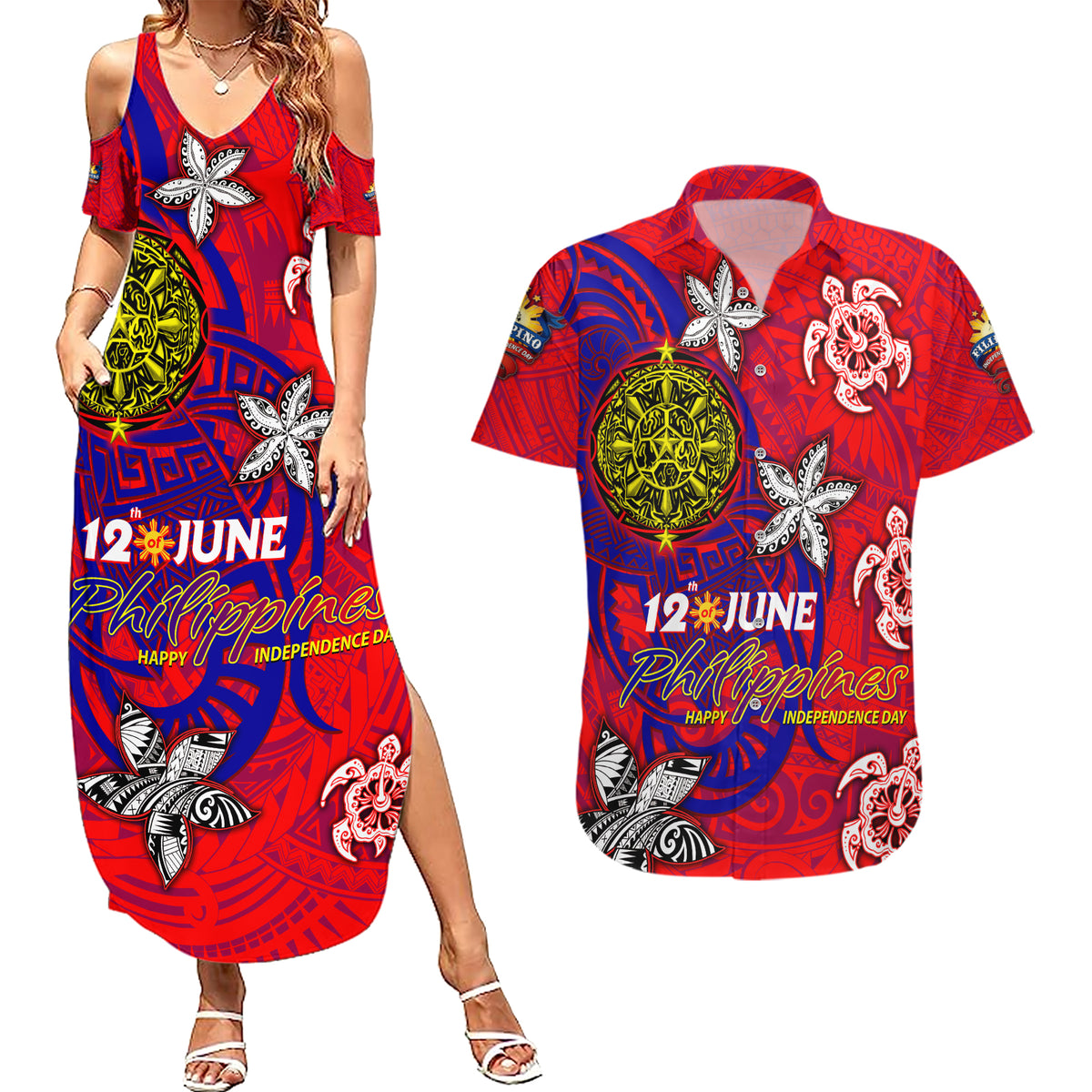 Personalized Philippines 12 June Independence Day Couples Matching Summer Maxi Dress and Hawaiian Shirt Polynesian Turtle Plumeria