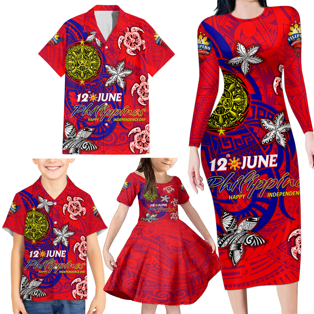 Personalized Philippines 12 June Independence Day Family Matching Long Sleeve Bodycon Dress and Hawaiian Shirt Polynesian Turtle Plumeria