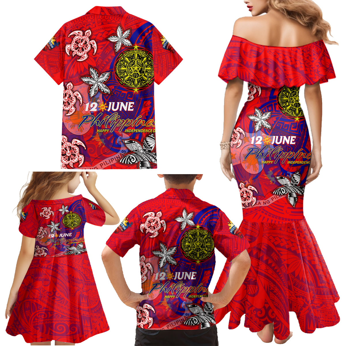 Personalized Philippines 12 June Independence Day Family Matching Mermaid Dress and Hawaiian Shirt Polynesian Turtle Plumeria