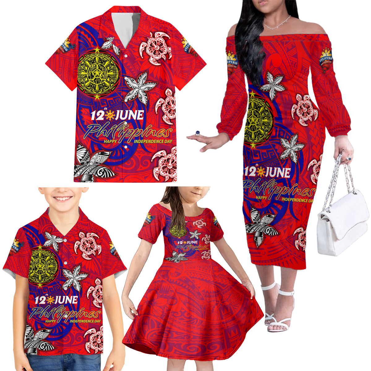 Personalized Philippines 12 June Independence Day Family Matching Off The Shoulder Long Sleeve Dress and Hawaiian Shirt Polynesian Turtle Plumeria