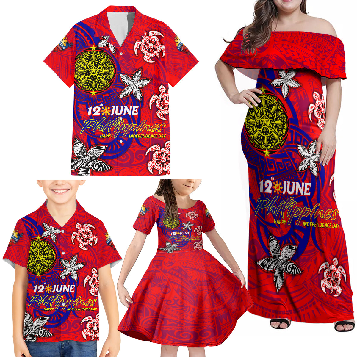 Personalized Philippines 12 June Independence Day Family Matching Off Shoulder Maxi Dress and Hawaiian Shirt Polynesian Turtle Plumeria