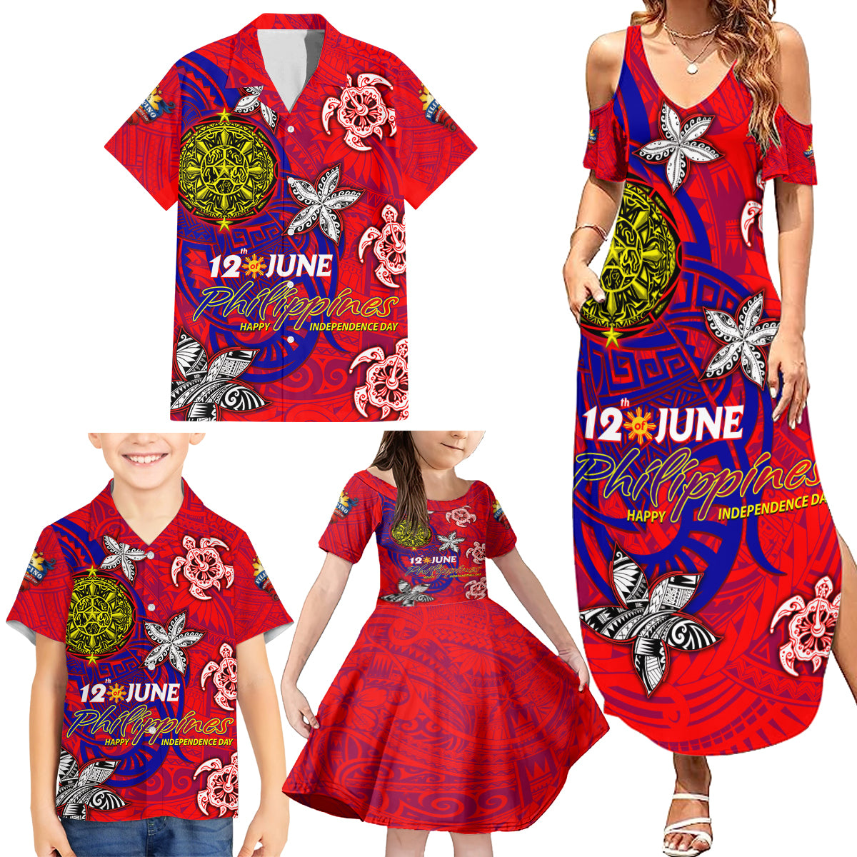 Personalized Philippines 12 June Independence Day Family Matching Summer Maxi Dress and Hawaiian Shirt Polynesian Turtle Plumeria