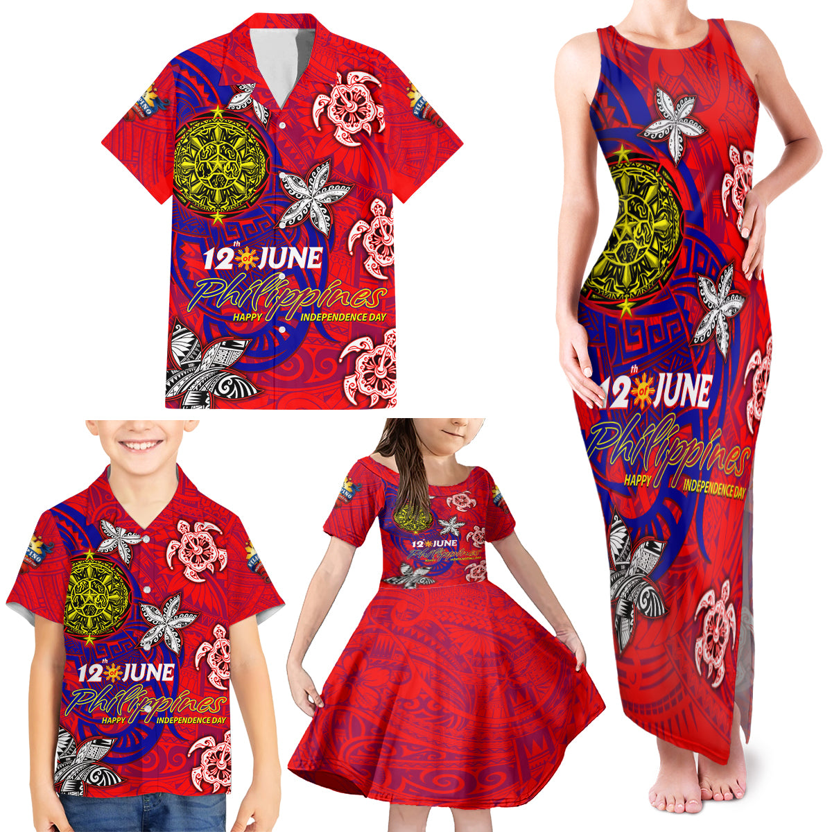 Personalized Philippines 12 June Independence Day Family Matching Tank Maxi Dress and Hawaiian Shirt Polynesian Turtle Plumeria