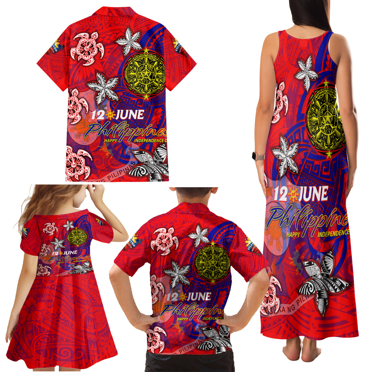 Personalized Philippines 12 June Independence Day Family Matching Tank Maxi Dress and Hawaiian Shirt Polynesian Turtle Plumeria