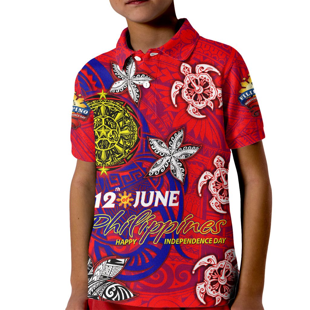 Personalized Philippines 12 June Independence Day Kid Polo Shirt Polynesian Turtle Plumeria