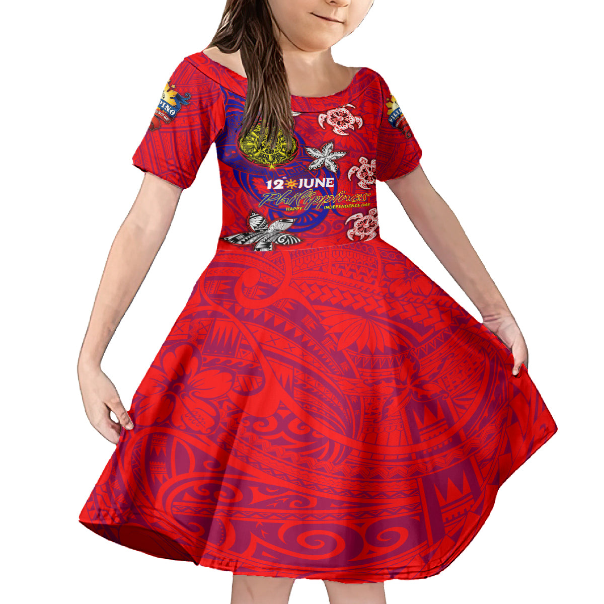 Personalized Philippines 12 June Independence Day Kid Short Sleeve Dress Polynesian Turtle Plumeria