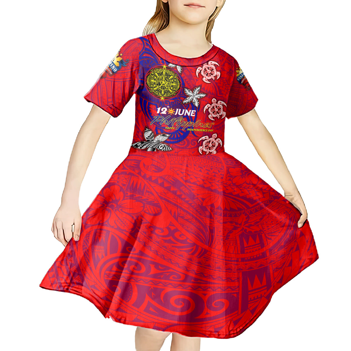 Personalized Philippines 12 June Independence Day Kid Short Sleeve Dress Polynesian Turtle Plumeria