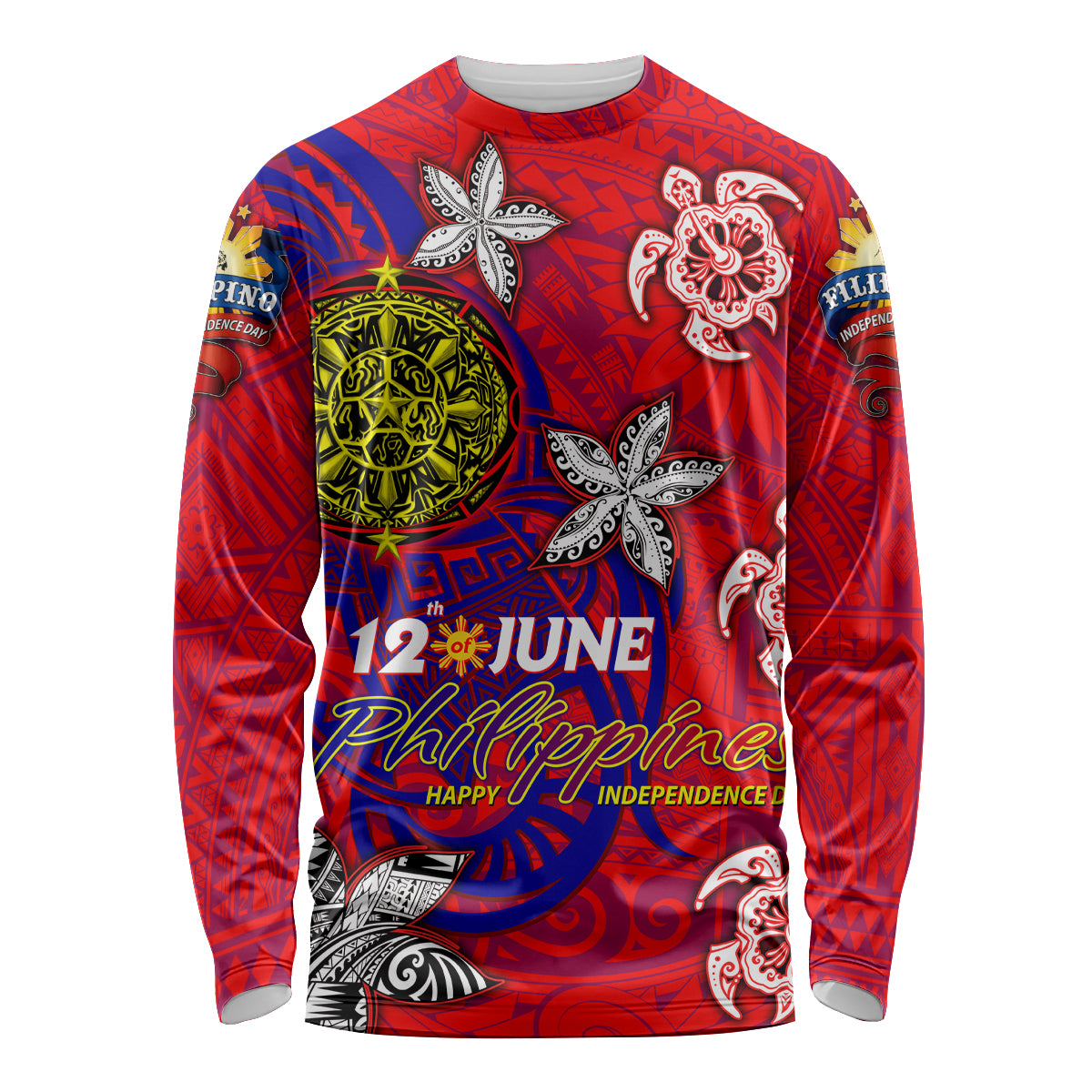 Personalized Philippines 12 June Independence Day Long Sleeve Shirt Polynesian Turtle Plumeria