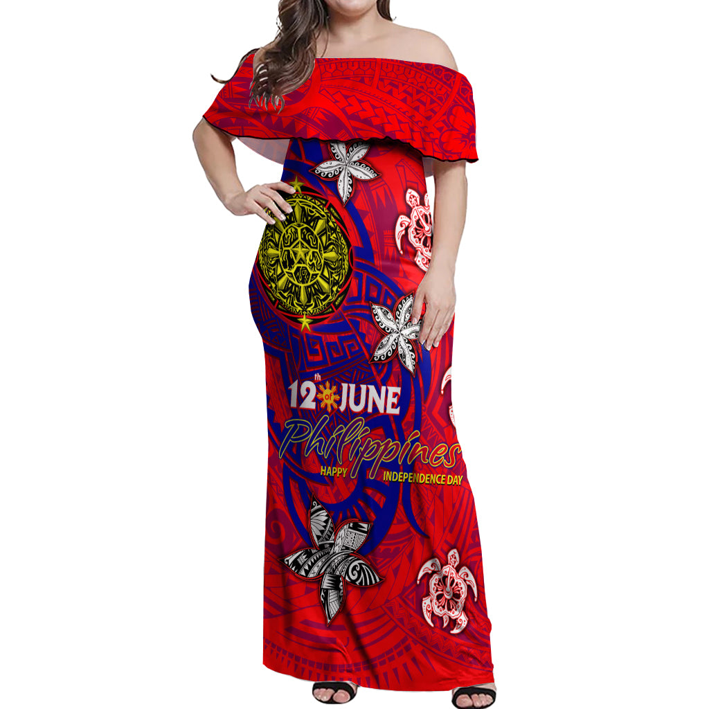 Personalized Philippines 12 June Independence Day Off Shoulder Maxi Dress Polynesian Turtle Plumeria