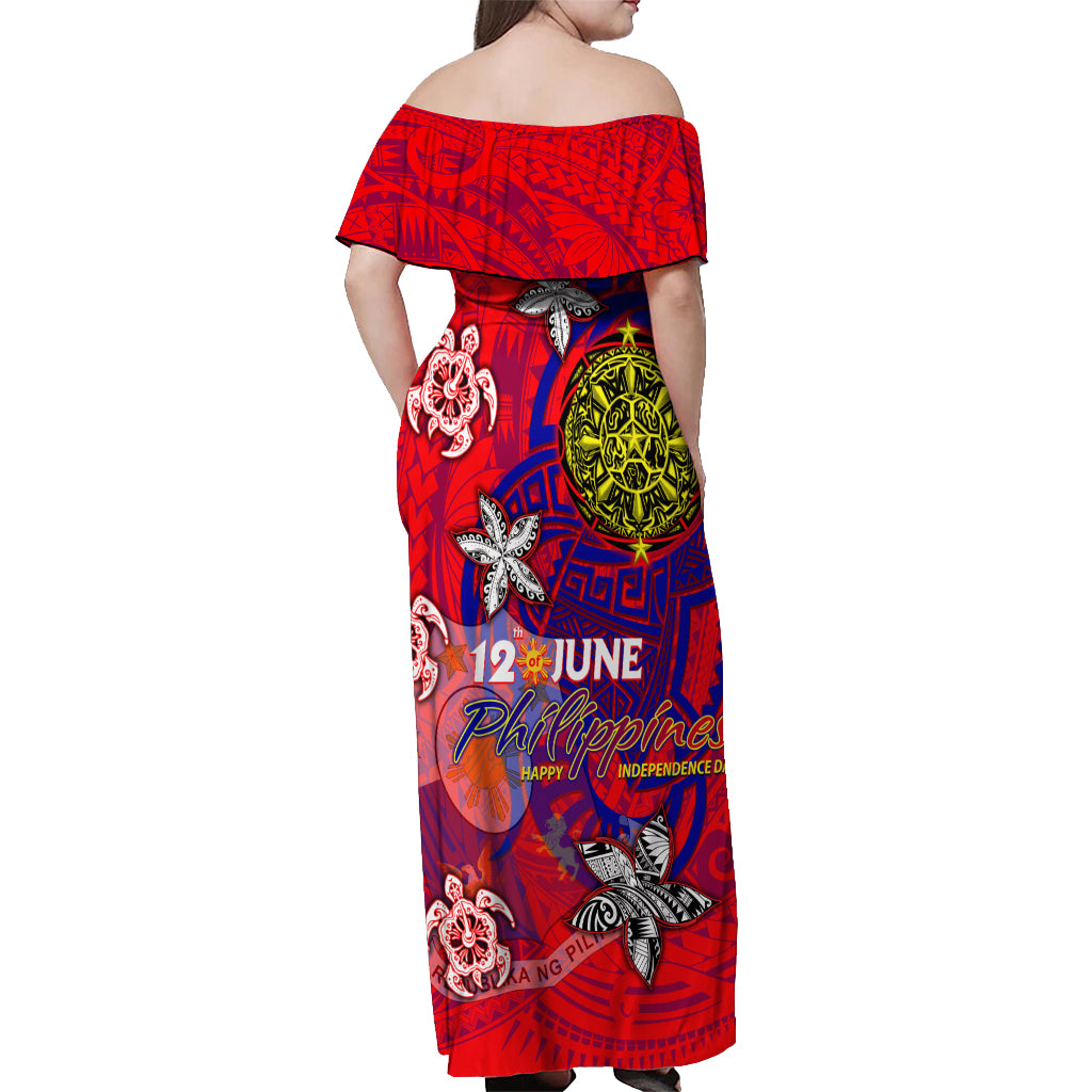 Personalized Philippines 12 June Independence Day Off Shoulder Maxi Dress Polynesian Turtle Plumeria