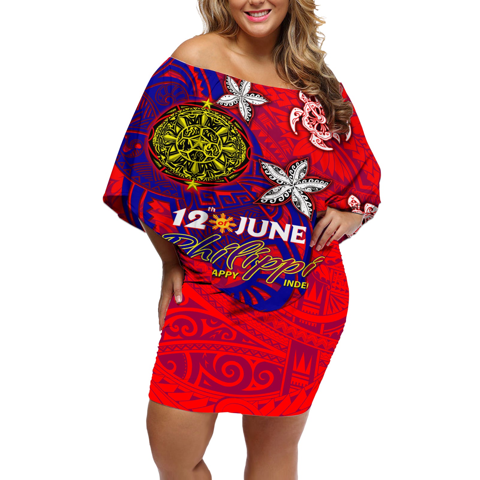 Personalized Philippines 12 June Independence Day Off Shoulder Short Dress Polynesian Turtle Plumeria