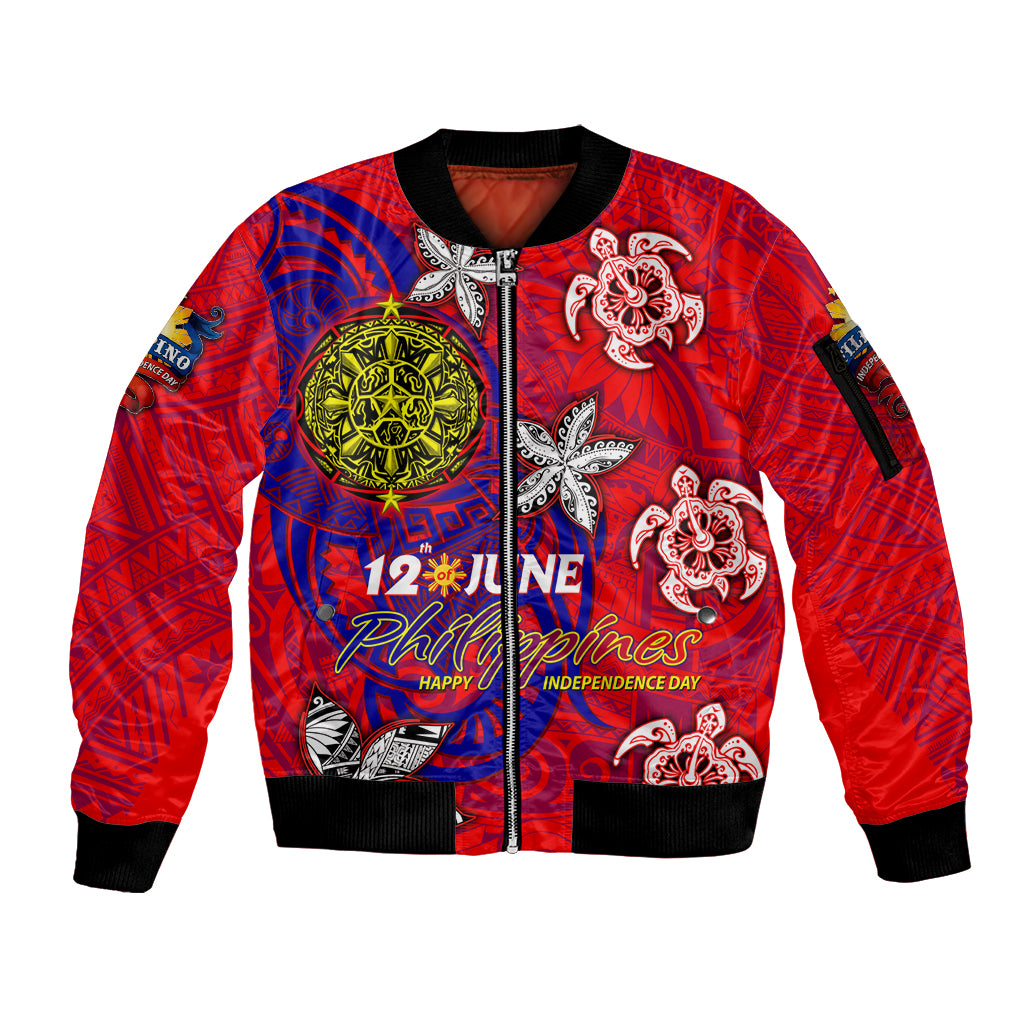 Personalized Philippines 12 June Independence Day Sleeve Zip Bomber Jacket Polynesian Turtle Plumeria