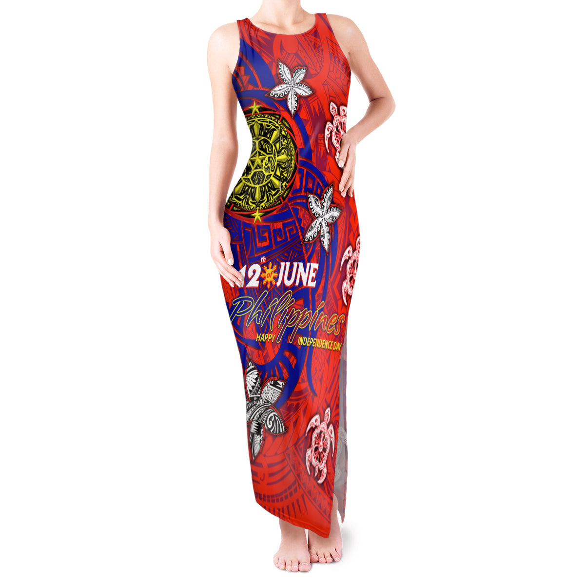 Personalized Philippines 12 June Independence Day Tank Maxi Dress Polynesian Turtle Plumeria