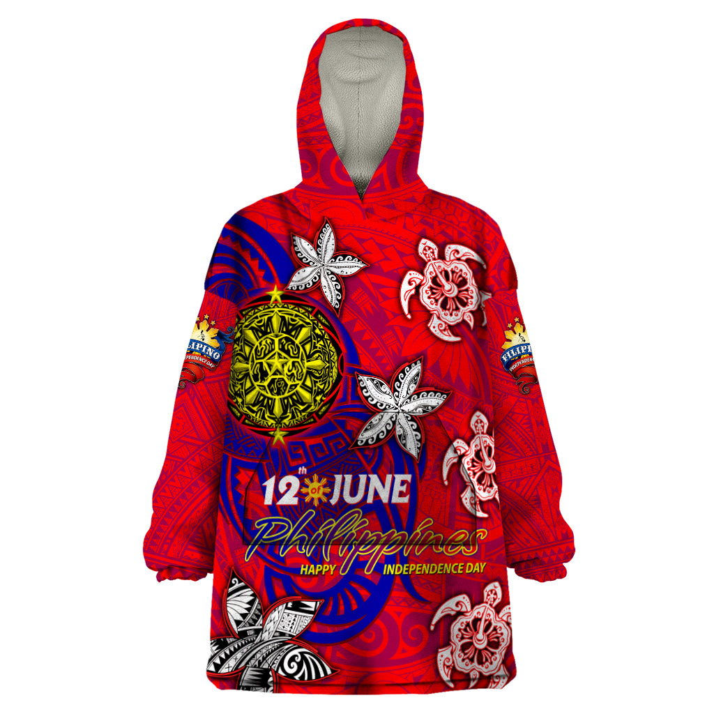 Personalized Philippines 12 June Independence Day Wearable Blanket Hoodie Polynesian Turtle Plumeria