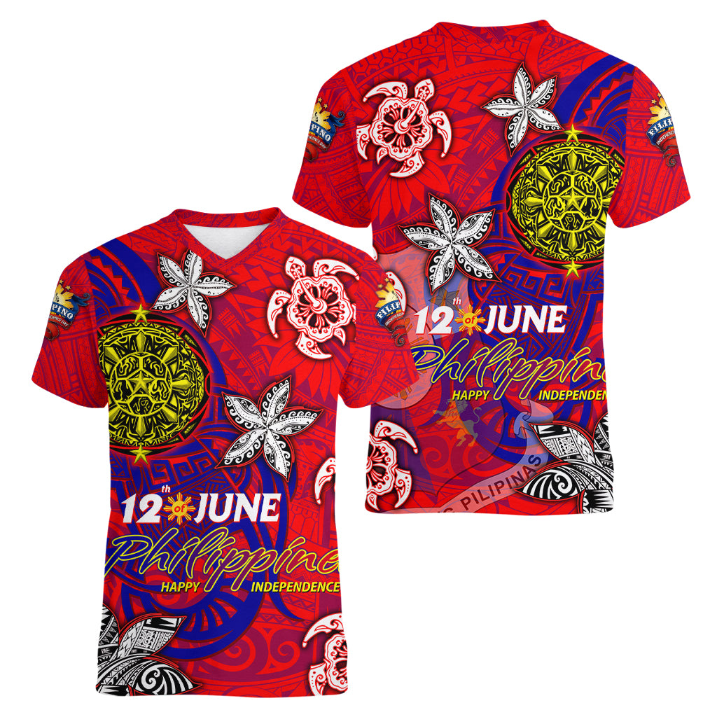 Personalized Philippines 12 June Independence Day Women V-Neck T-Shirt Polynesian Turtle Plumeria