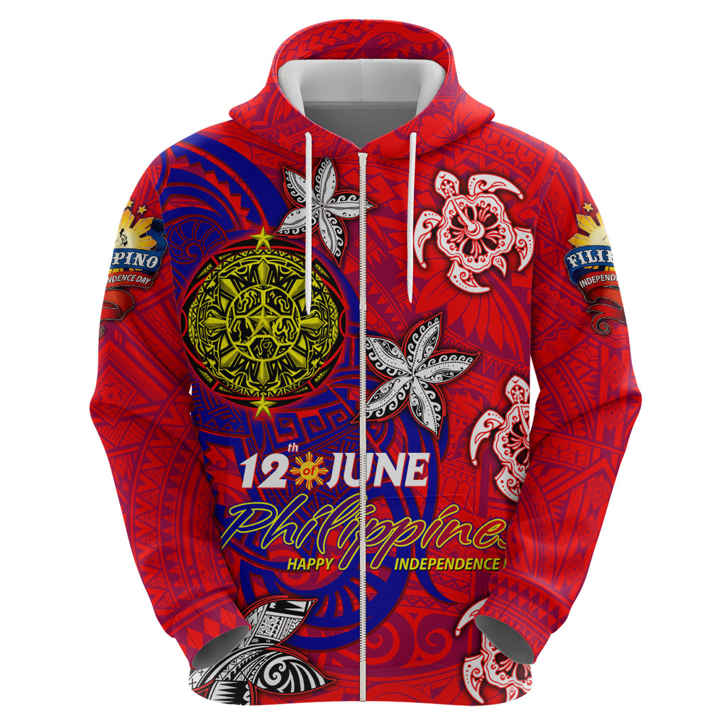 Personalized Philippines 12 June Independence Day Zip Hoodie Polynesian Turtle Plumeria