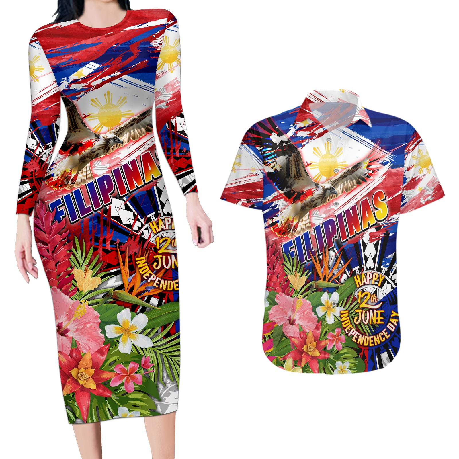 Personalized Philippines Independence Day Couples Matching Long Sleeve Bodycon Dress and Hawaiian Shirt Polynesia Filipinas Eagle Hibiscus