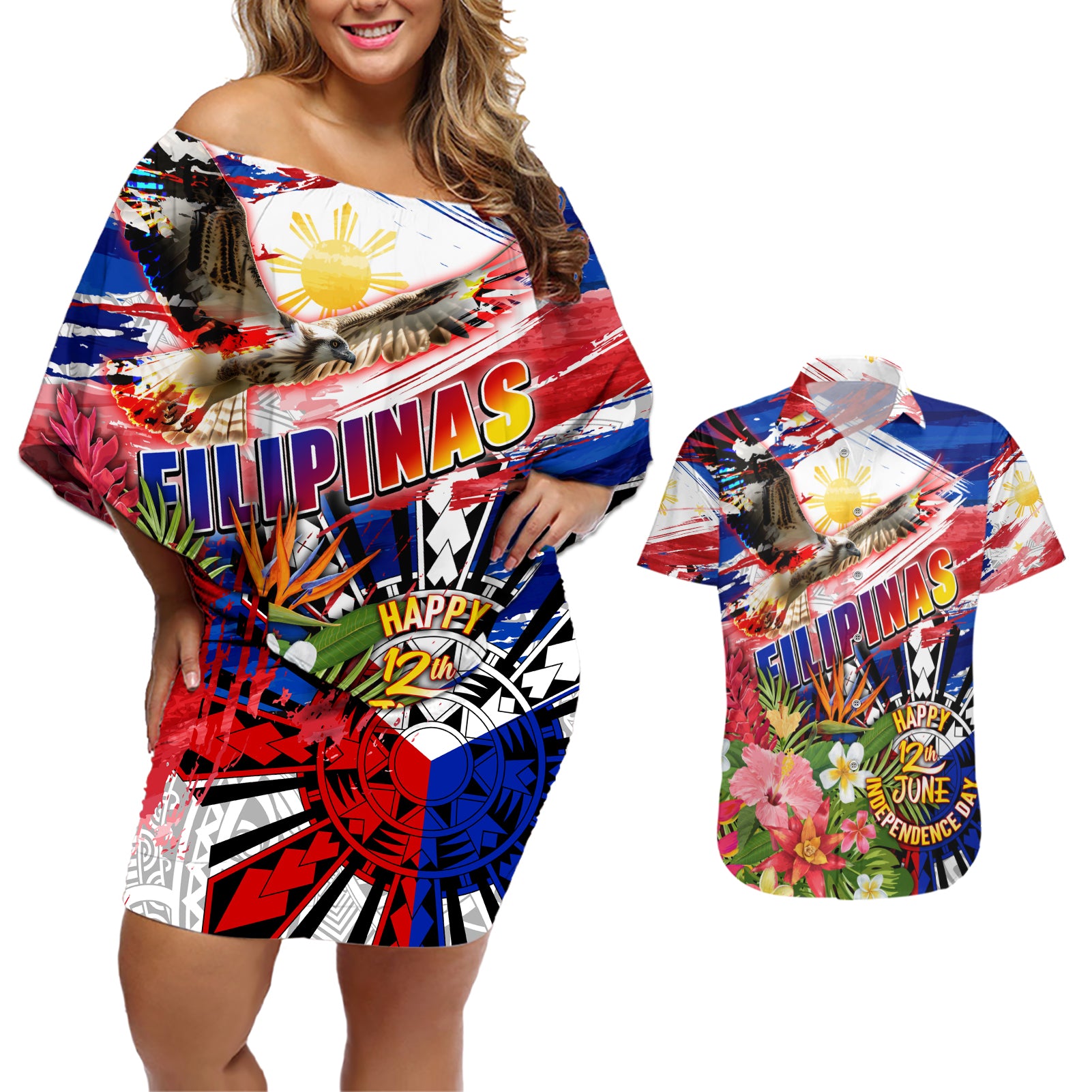 Personalized Philippines Independence Day Couples Matching Off Shoulder Short Dress and Hawaiian Shirt Polynesia Filipinas Eagle Hibiscus