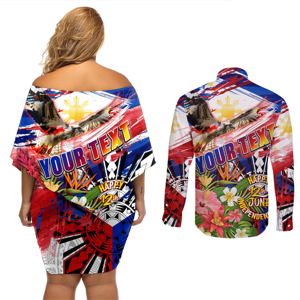 Personalized Philippines Independence Day Couples Matching Off Shoulder Short Dress and Long Sleeve Button Shirt Polynesia Filipinas Eagle Hibiscus