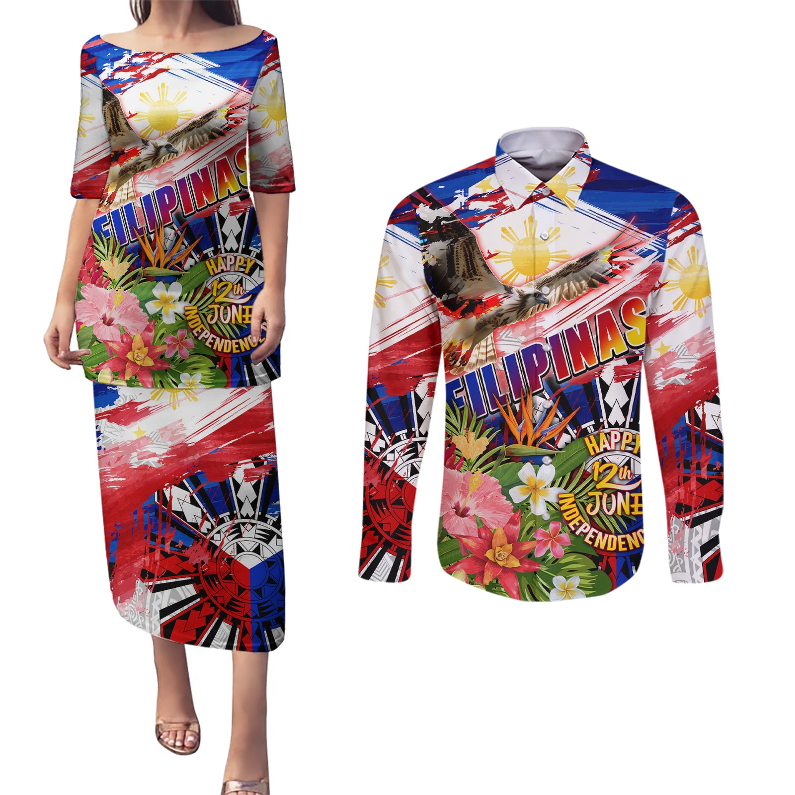 Personalized Philippines Independence Day Couples Matching Puletasi and Long Sleeve Button Shirt Polynesia Filipinas Eagle Hibiscus