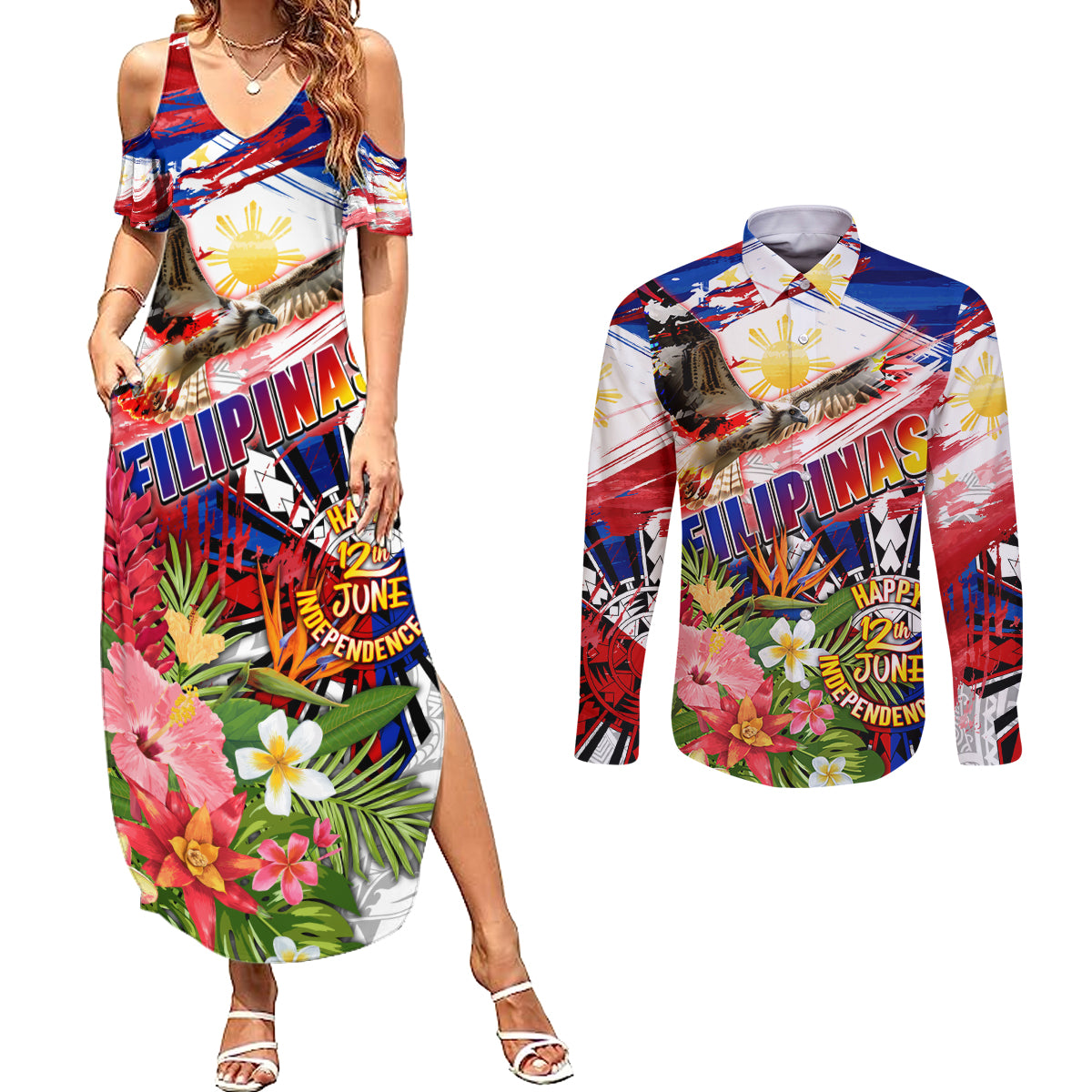 Personalized Philippines Independence Day Couples Matching Summer Maxi Dress and Long Sleeve Button Shirt Polynesia Filipinas Eagle Hibiscus