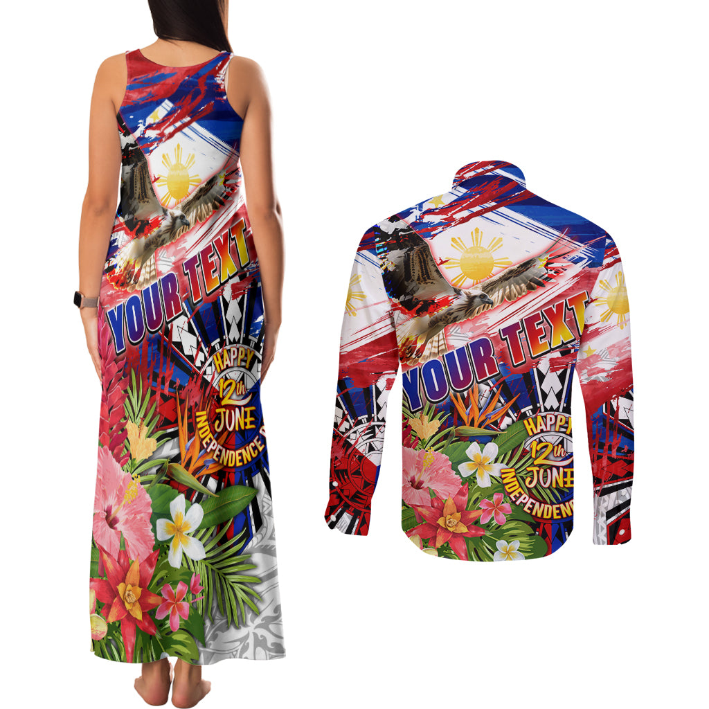 Personalized Philippines Independence Day Couples Matching Tank Maxi Dress and Long Sleeve Button Shirt Polynesia Filipinas Eagle Hibiscus