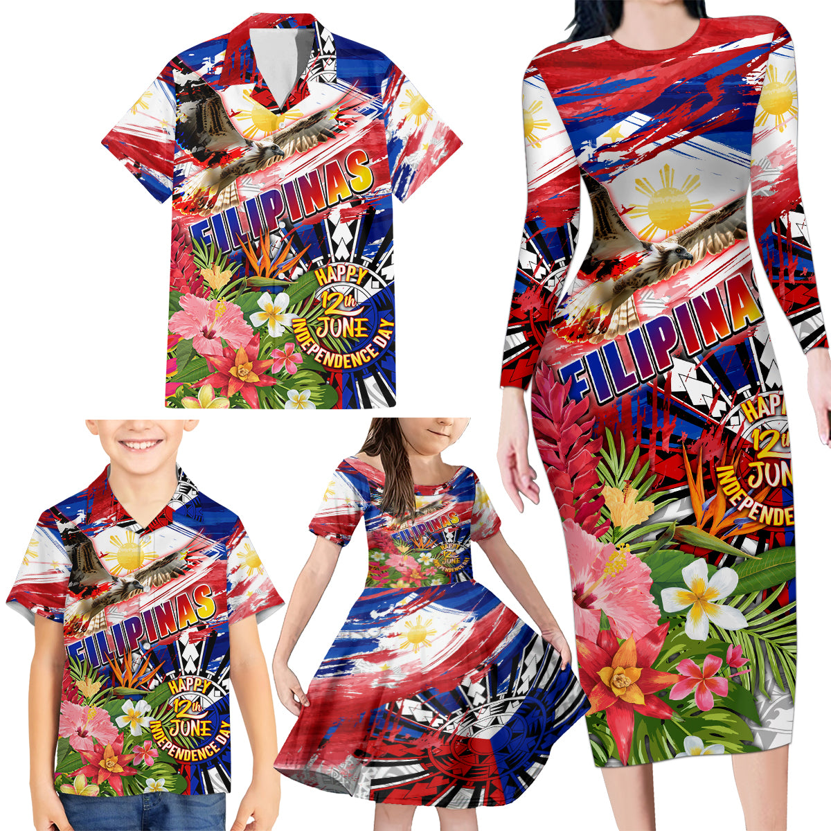 Personalized Philippines Independence Day Family Matching Long Sleeve Bodycon Dress and Hawaiian Shirt Polynesia Filipinas Eagle Hibiscus