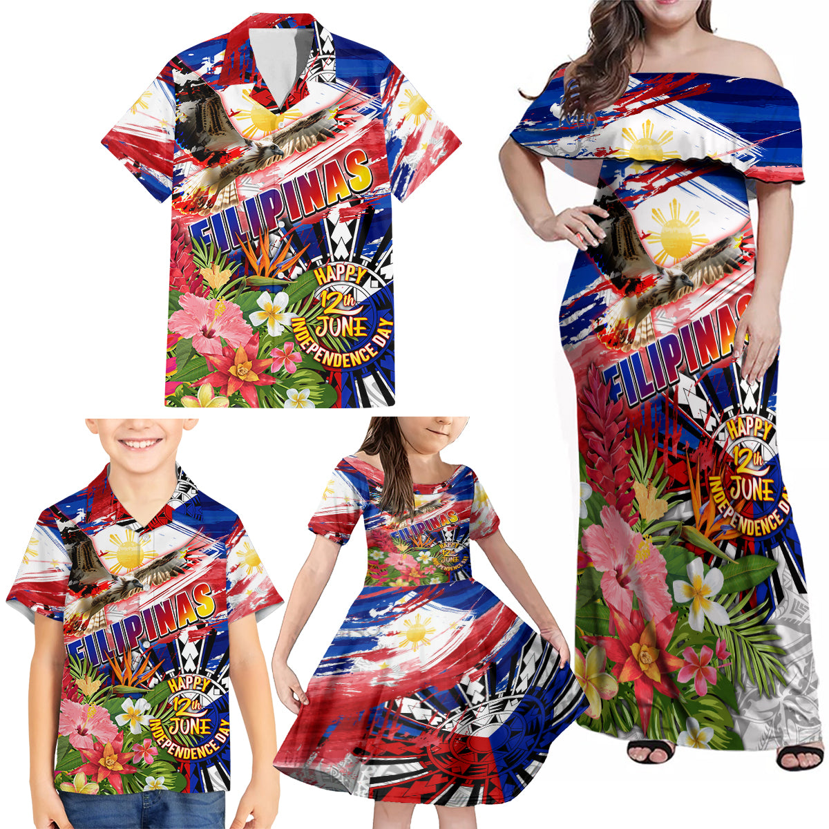 Personalized Philippines Independence Day Family Matching Off Shoulder Maxi Dress and Hawaiian Shirt Polynesia Filipinas Eagle Hibiscus