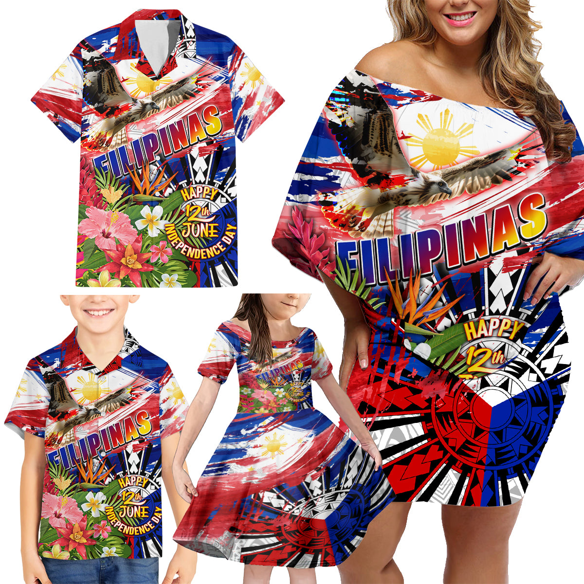 Personalized Philippines Independence Day Family Matching Off Shoulder Short Dress and Hawaiian Shirt Polynesia Filipinas Eagle Hibiscus