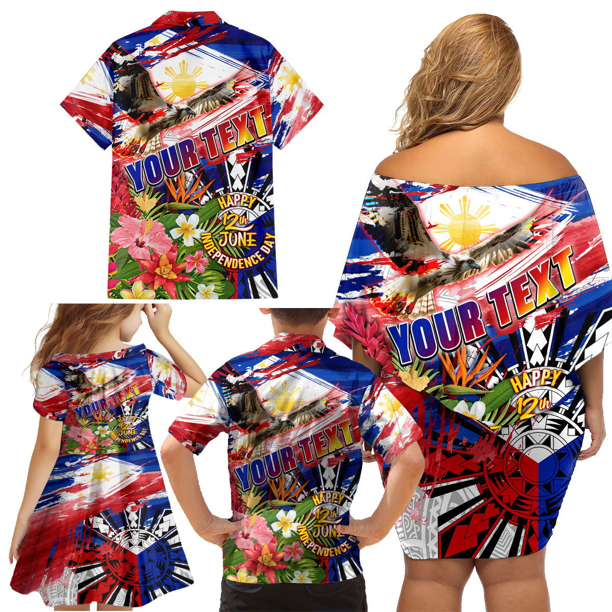 Personalized Philippines Independence Day Family Matching Off Shoulder Short Dress and Hawaiian Shirt Polynesia Filipinas Eagle Hibiscus